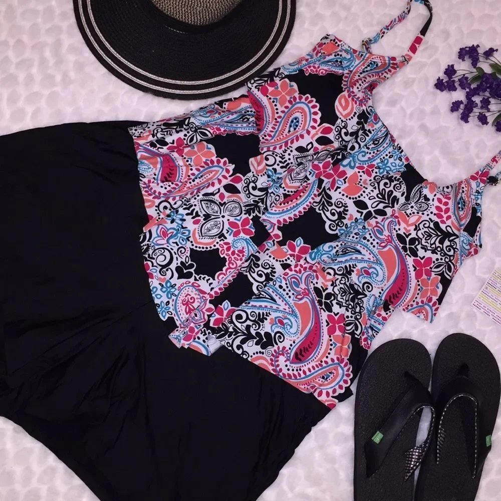 Women's Black Swimdress with Pink & Blue Paisley Print